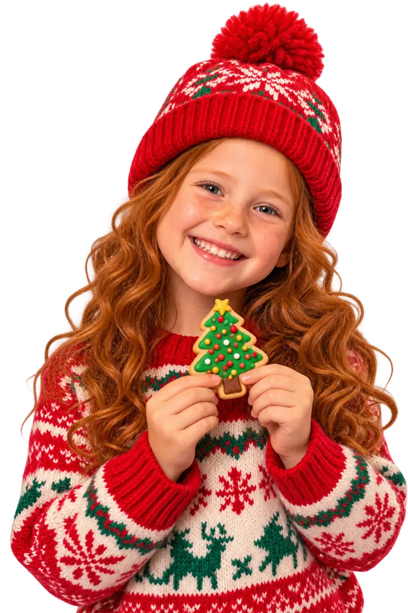 Cheerful Girl Holding Christmas Tree Cookie (1)