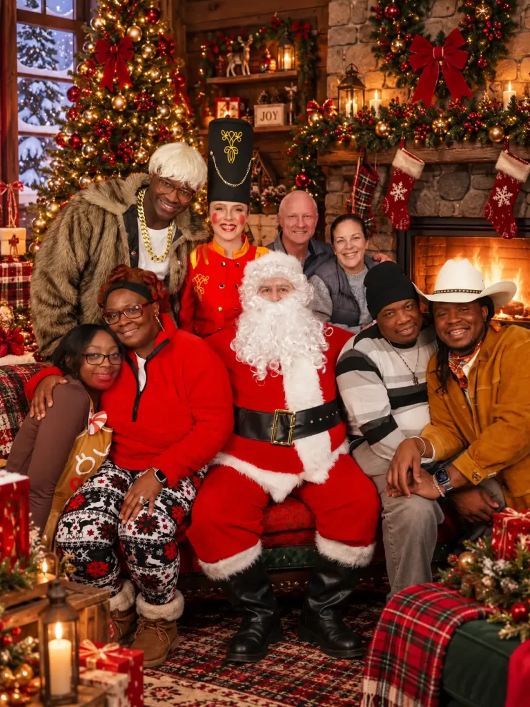Festive Christmas Cabin Group Portrait